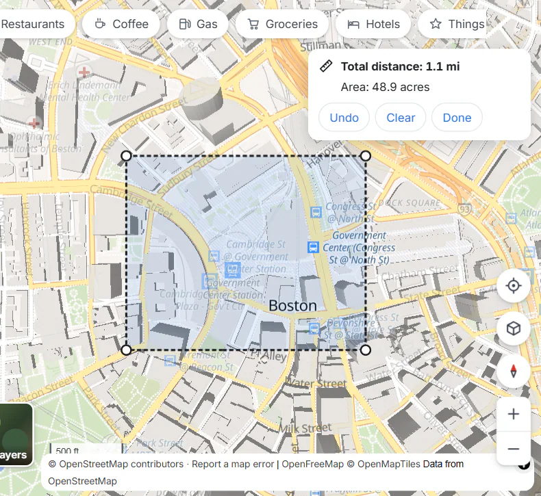The Measure tool: a four-sided shape drawn over a few blocks of downtown Boston, and a box at the top right giving the total distance around it and the area inside, with Undo, Clear and Done buttons